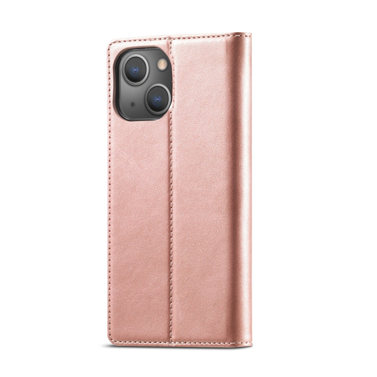 For iPhone 13 LC.IMEEKE Strong Magnetic PU + Matte TPU Horizontal Flip Leather Case with Holder & Card Slots & Wallet(Rose Gold)