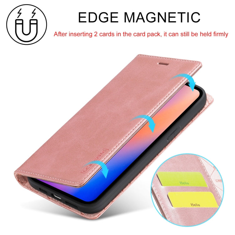 For iPhone 13 LC.IMEEKE Strong Magnetic PU + Matte TPU Horizontal Flip Leather Case with Holder & Card Slots & Wallet(Rose Gold)
