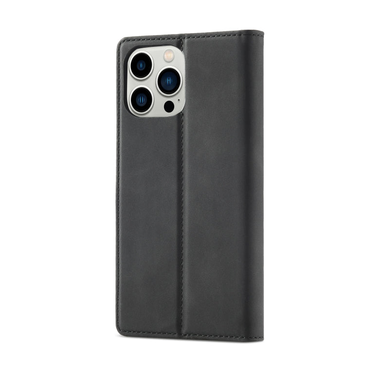 For iPhone 13 Pro LC.IMEEKE Strong Magnetic PU + Matte TPU Horizontal Flip Leather Case with Holder & Card Slots & Wallet(Black)