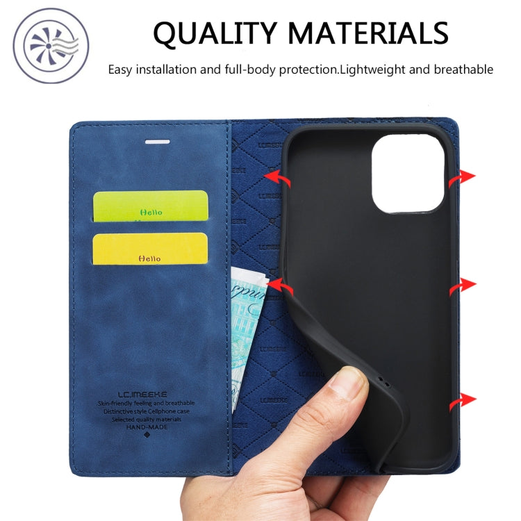 For iPhone 13 Pro LC.IMEEKE Strong Magnetic PU + Matte TPU Horizontal Flip Leather Case with Holder & Card Slots & Wallet(Blue)