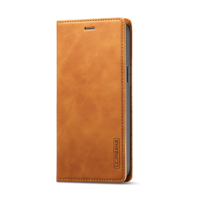 For iPhone 13 Pro Max LC.IMEEKE Strong Magnetic PU + Matte TPU Horizontal Flip Leather Case with Holder & Card Slots & Wallet (Brown)
