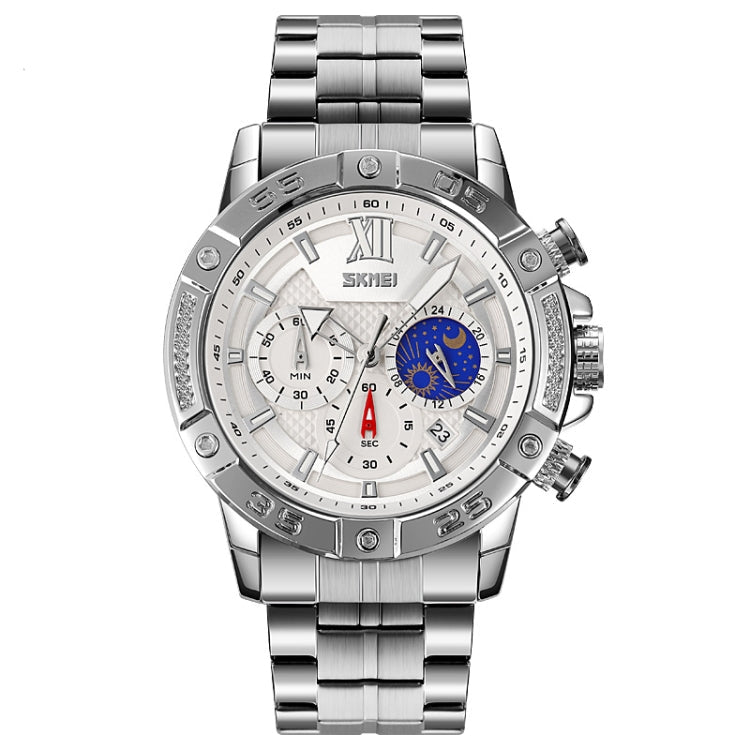 SKMEI 9235 Men Moonphase Stopwatch Stainless Steel Strap Quartz Watch