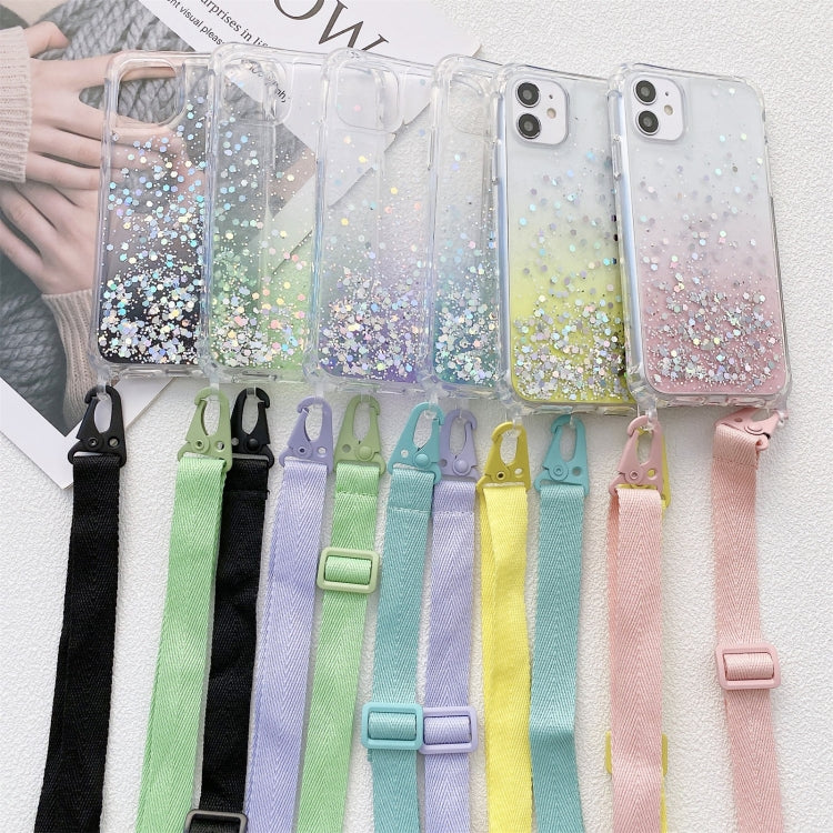 Gradient Glitter Powder Epoxy TPU Thickened Acrylic Shockproof Case with Wide Neck Lanyard, For iPhone 13 mini, For iPhone 13, For iPhone 13 Pro, For iPhone 13 Pro Max, For iPhone 12 mini, For iPhone 12 / 12 Pro