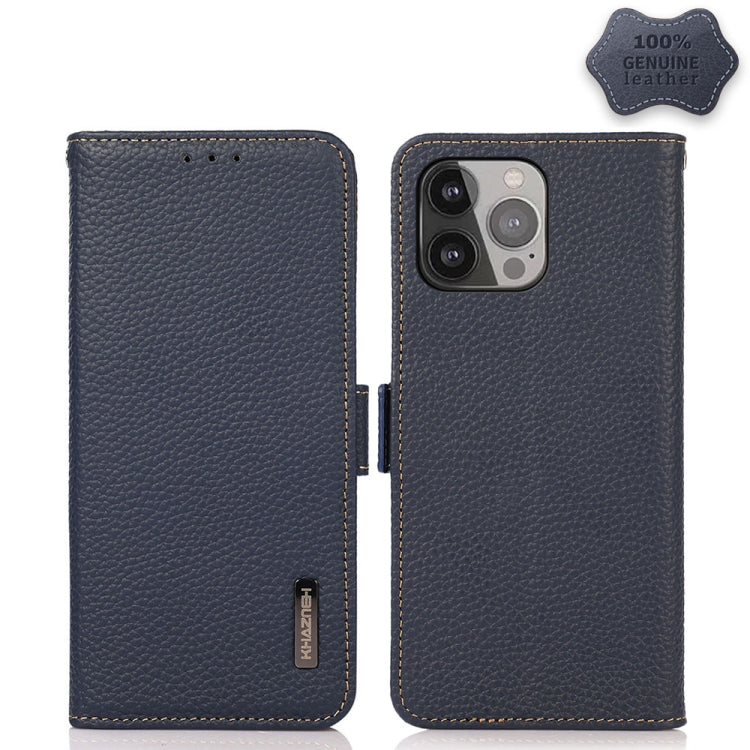 KHAZNEH Side-Magnetic Litchi Genuine Leather RFID Case, For iPhone 13 mini, For iPhone 13, For iPhone 13 Pro, For iPhone 13 Pro Max, For iPhone 12 mini, For iPhone 12 / 12 Pro
