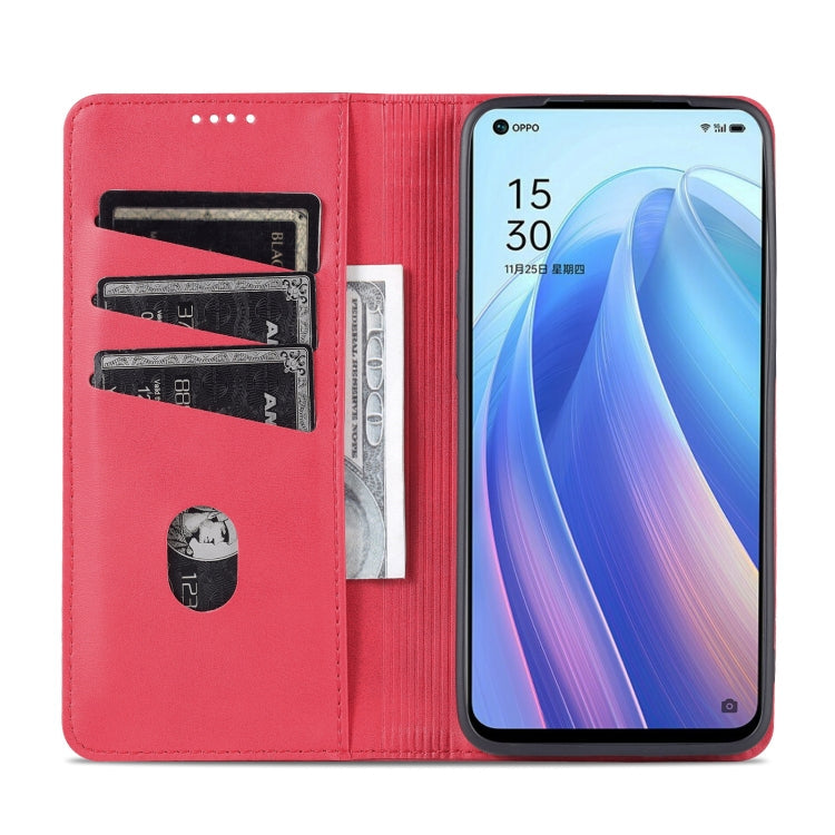 For OPPO Reno7 AZNS Magnetic Calf Texture Horizontal Flip Leather Phone Case(Red)