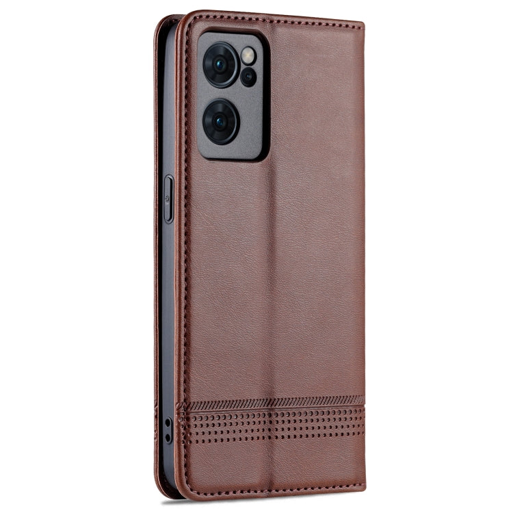 For OPPO Reno7 AZNS Magnetic Calf Texture Horizontal Flip Leather Phone Case(Dark Brown)