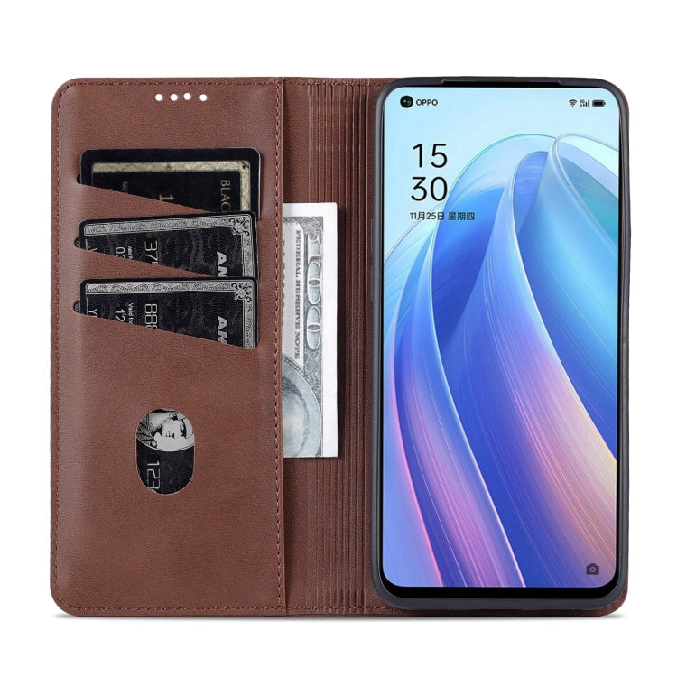For OPPO Reno7 AZNS Magnetic Calf Texture Horizontal Flip Leather Phone Case(Dark Brown)