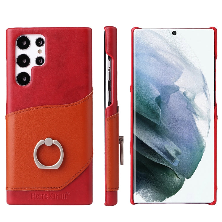 Fierre Shann Oil Wax Texture Genuine Leather Back Phone Case with 360 Degree Rotation Holder & Card Slot, For Samsung Galaxy S22 Ultra 5G, For Samsung Galaxy S22+ 5G, For Samsung Galaxy S22 5G