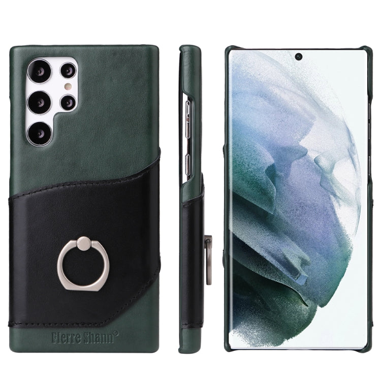 Fierre Shann Oil Wax Texture Genuine Leather Back Phone Case with 360 Degree Rotation Holder & Card Slot, For Samsung Galaxy S22 Ultra 5G, For Samsung Galaxy S22+ 5G, For Samsung Galaxy S22 5G