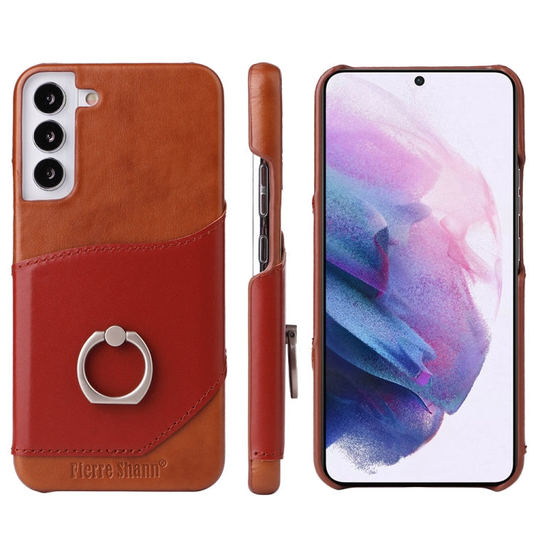 Fierre Shann Oil Wax Texture Genuine Leather Back Phone Case with 360 Degree Rotation Holder & Card Slot, For Samsung Galaxy S22 Ultra 5G, For Samsung Galaxy S22+ 5G, For Samsung Galaxy S22 5G