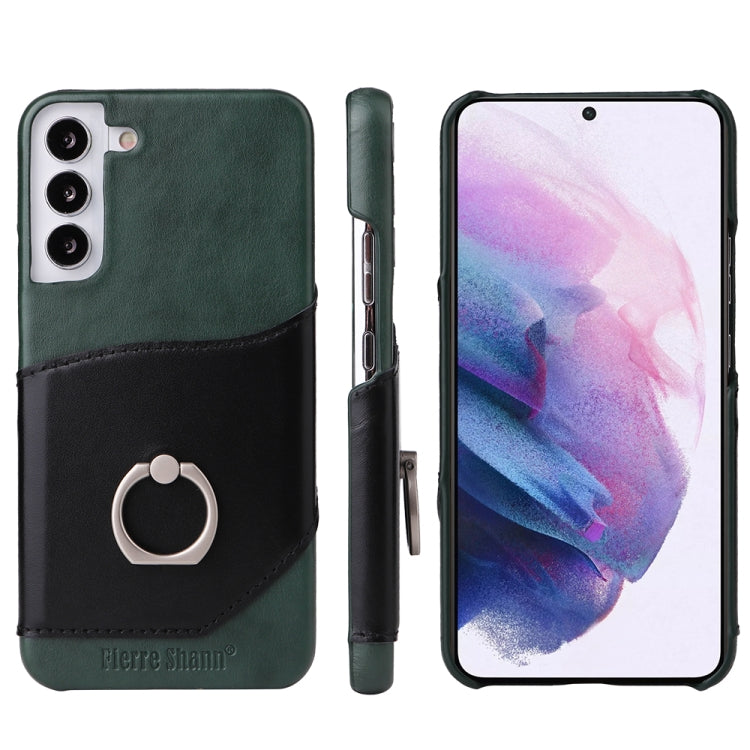 Fierre Shann Oil Wax Texture Genuine Leather Back Phone Case with 360 Degree Rotation Holder & Card Slot, For Samsung Galaxy S22 Ultra 5G, For Samsung Galaxy S22+ 5G, For Samsung Galaxy S22 5G