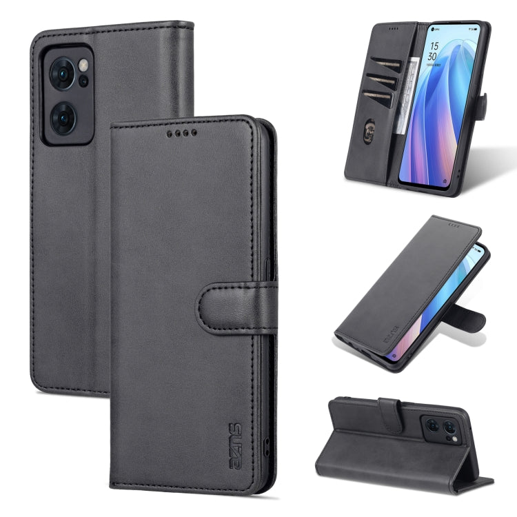 For OPPO Reno7 Global AZNS Skin Feel Calf Texture Flip Leather Phone Case(Black)
