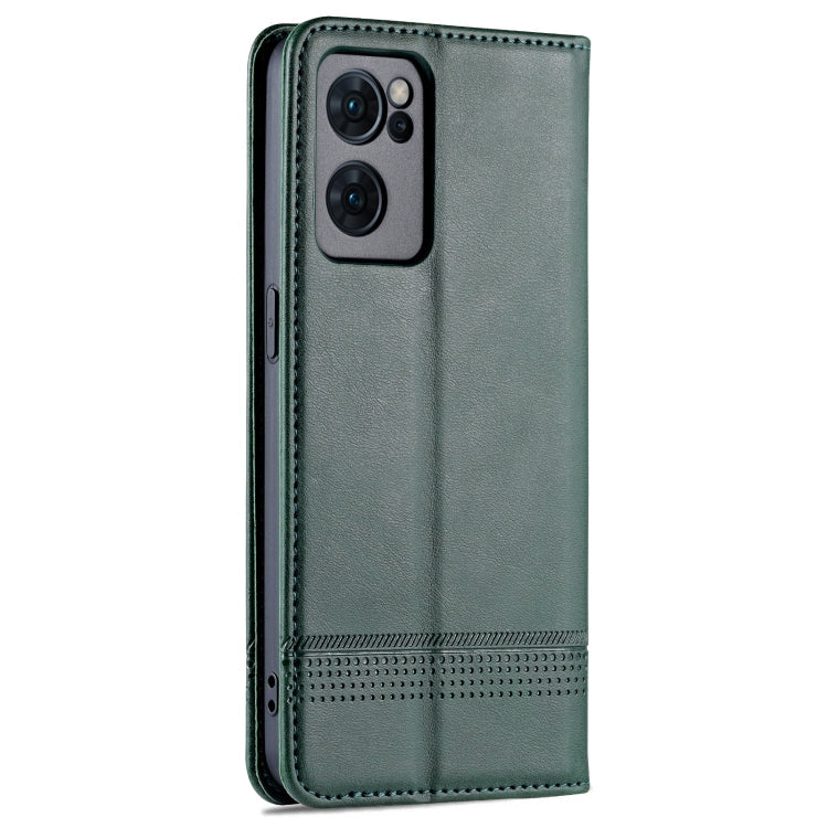 For OPPO Reno7 Global AZNS Magnetic Calf Texture Flip Leather Phone Case(Dark Green)