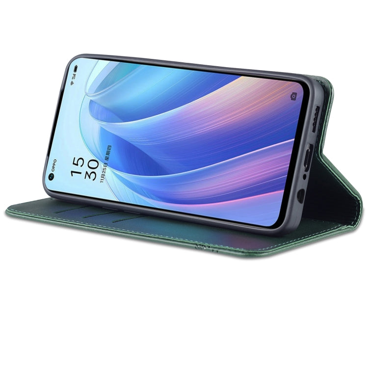 For OPPO Reno7 Global AZNS Magnetic Calf Texture Flip Leather Phone Case(Dark Green)