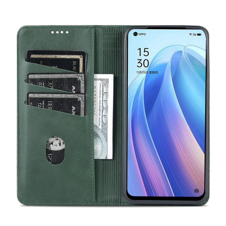 For OPPO Reno7 Global AZNS Magnetic Calf Texture Flip Leather Phone Case(Dark Green)
