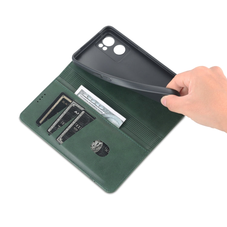 For OPPO Reno7 Global AZNS Magnetic Calf Texture Flip Leather Phone Case(Dark Green)