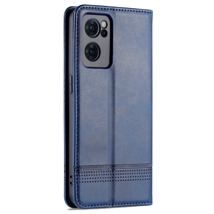 For OPPO Reno7 Global AZNS Magnetic Calf Texture Flip Leather Phone Case(Dark Blue)