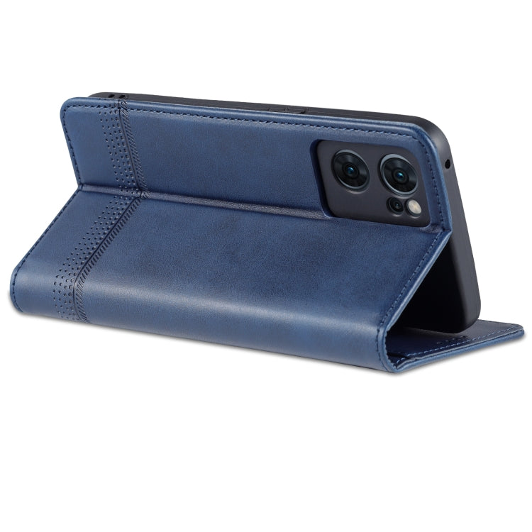 For OPPO Reno7 Global AZNS Magnetic Calf Texture Flip Leather Phone Case(Dark Blue)