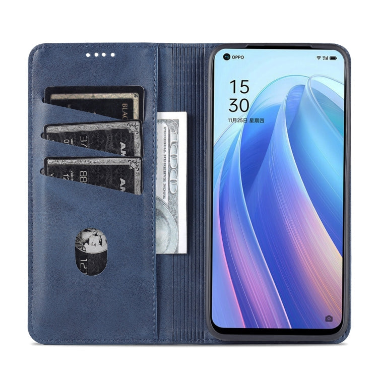 For OPPO Reno7 Global AZNS Magnetic Calf Texture Flip Leather Phone Case(Dark Blue)