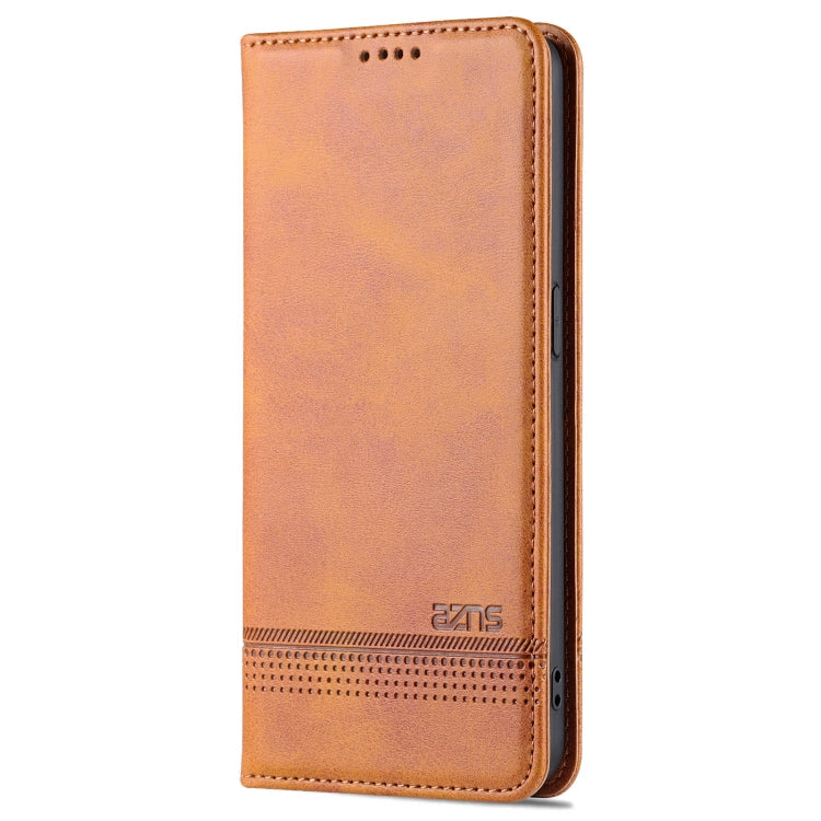 For OPPO Reno7 Global AZNS Magnetic Calf Texture Flip Leather Phone Case(Light Brown)