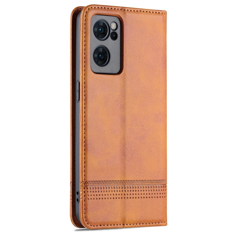 For OPPO Reno7 Global AZNS Magnetic Calf Texture Flip Leather Phone Case(Light Brown)