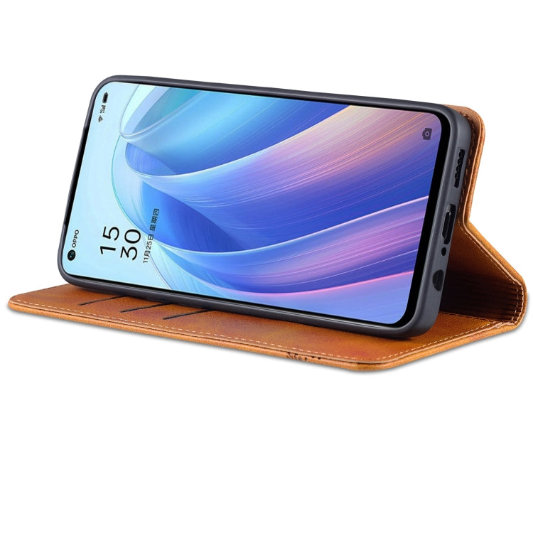 For OPPO Reno7 Global AZNS Magnetic Calf Texture Flip Leather Phone Case(Light Brown)