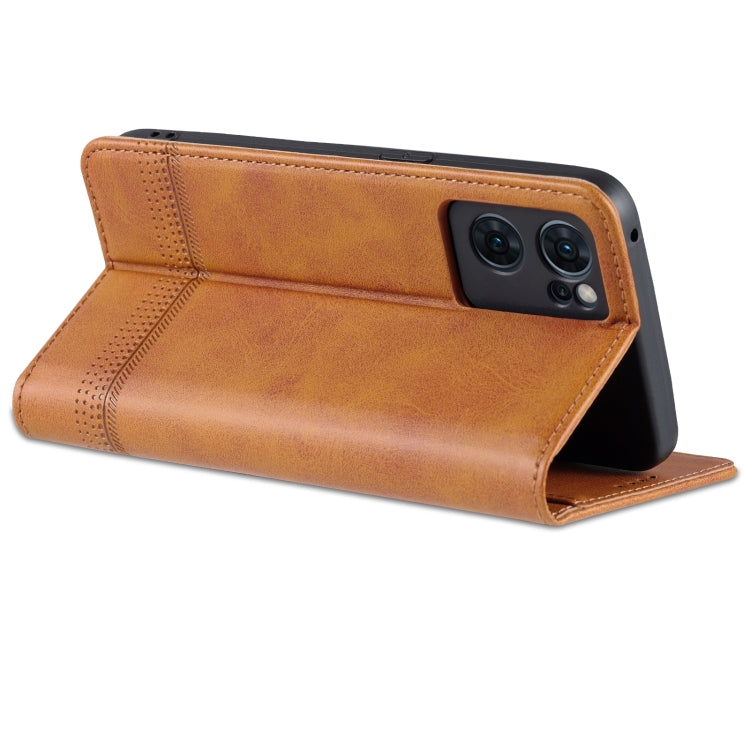 For OPPO Reno7 Global AZNS Magnetic Calf Texture Flip Leather Phone Case(Light Brown)