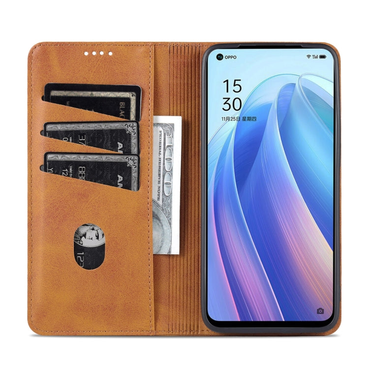 For OPPO Reno7 Global AZNS Magnetic Calf Texture Flip Leather Phone Case(Light Brown)