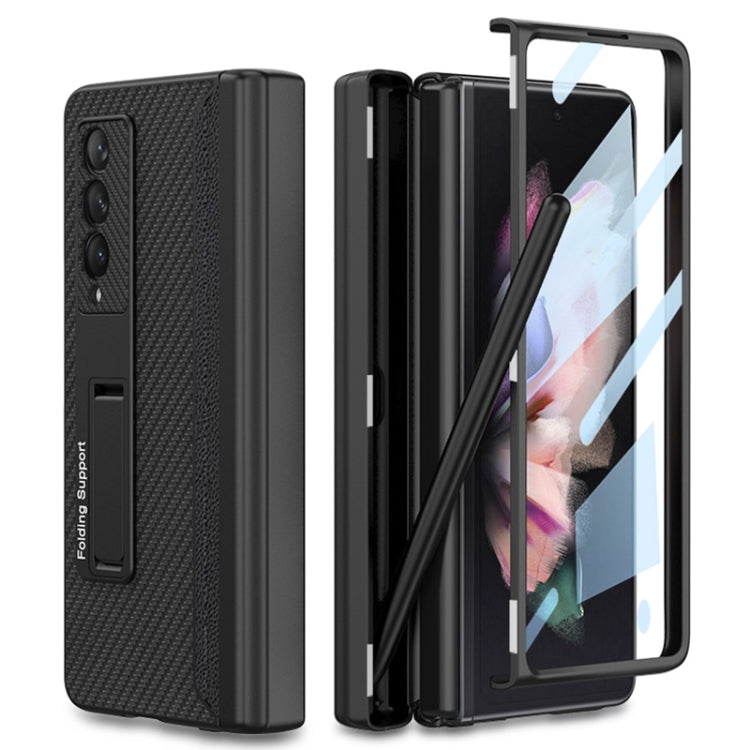 For Samsung Galaxy Z Fold3 5G GKK Magnetic Hinge Plain Leather Phone Flip Case with Pen Box(Carbon Fiber Texture)