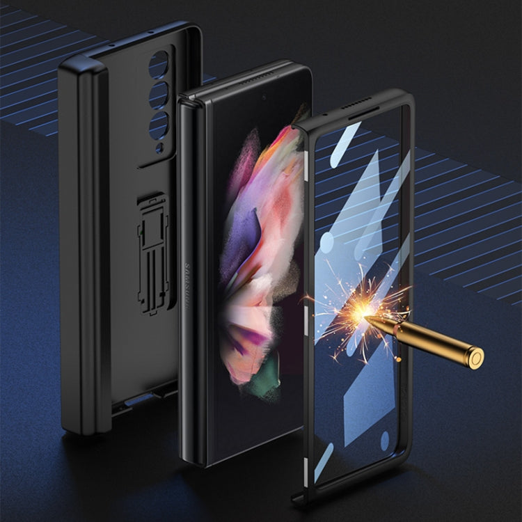 For Samsung Galaxy Z Fold3 5G GKK Magnetic Hinge Plain Leather Phone Flip Case with Pen Box(Carbon Fiber Texture)
