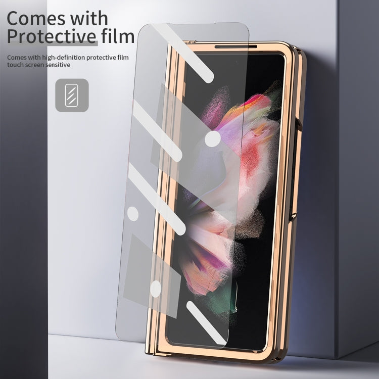 Litchi Texture Integrated Electroplating Hinge Flip Phone Case with Pen Slot, For Samsung Galaxy Z Fold3