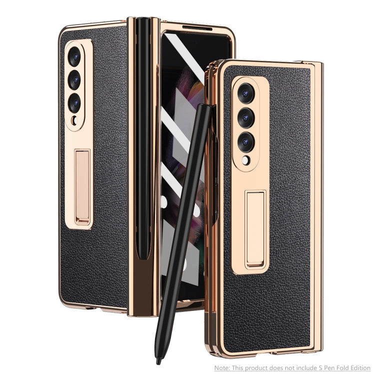 Litchi Texture Integrated Electroplating Hinge Flip Phone Case with Pen Slot, For Samsung Galaxy Z Fold3