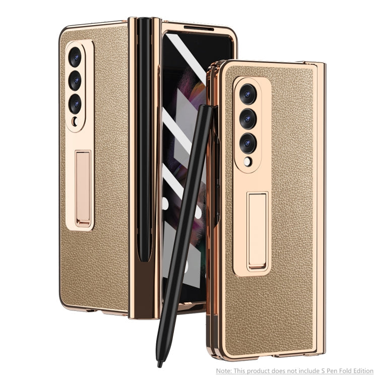 Litchi Texture Integrated Electroplating Hinge Flip Phone Case with Pen Slot, For Samsung Galaxy Z Fold3