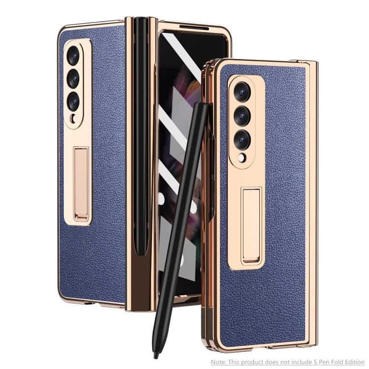 Litchi Texture Integrated Electroplating Hinge Flip Phone Case with Pen Slot, For Samsung Galaxy Z Fold3