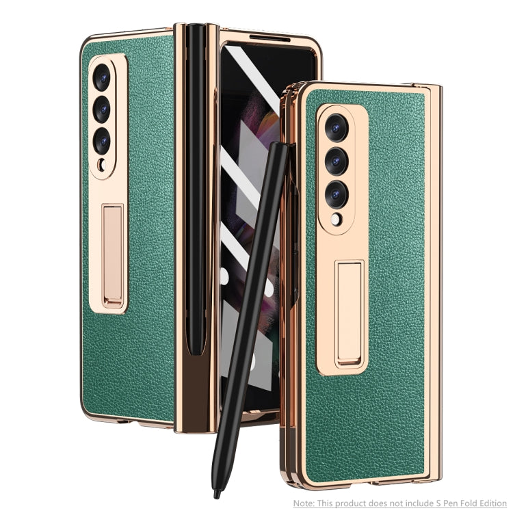 Litchi Texture Integrated Electroplating Hinge Flip Phone Case with Pen Slot, For Samsung Galaxy Z Fold3