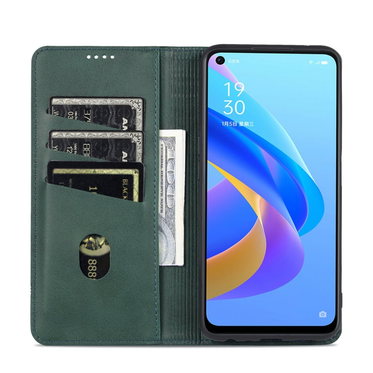 For OPPO A57 5G/Realme Q5i/Realme V23 AZNS Magnetic Calf Texture Flip Leather Phone Case(Dark Green)