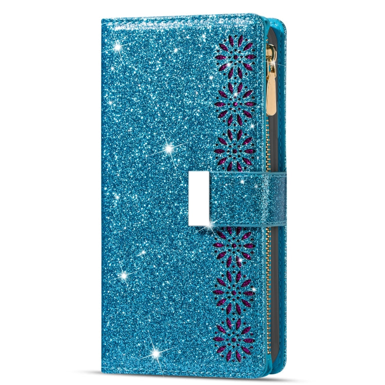 Multi-card Slots Laser Carving Glitter Zipper Leather Case, For iPhone 14, For iPhone 14 Max, For iPhone 14 Pro, For iPhone 14 Pro Max