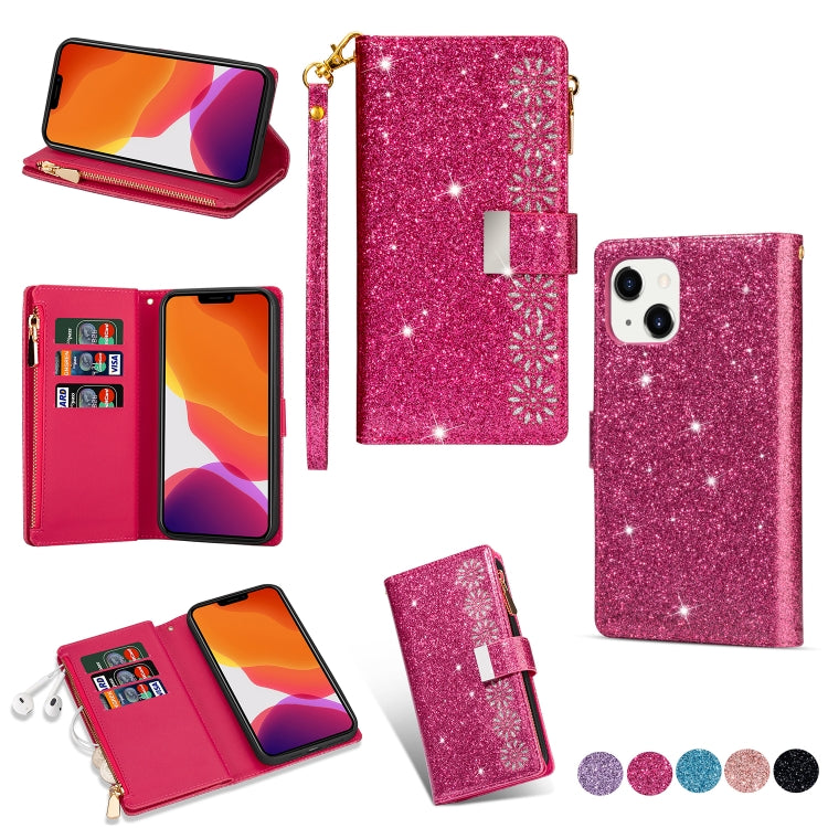 Multi-card Slots Laser Carving Glitter Zipper Leather Case, For iPhone 14, For iPhone 14 Max, For iPhone 14 Pro, For iPhone 14 Pro Max