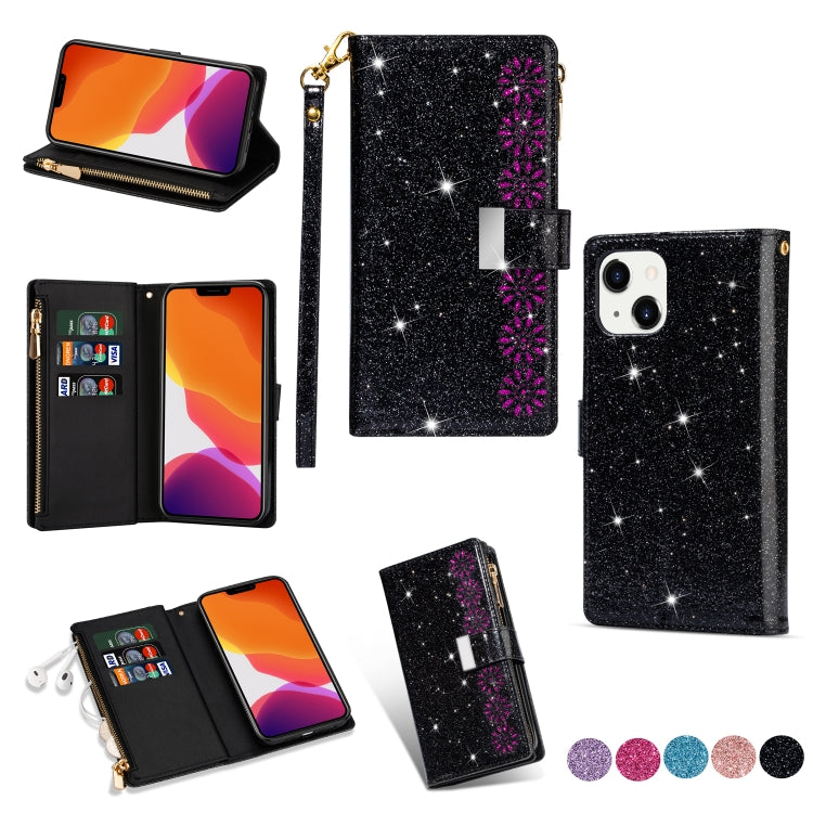 Multi-card Slots Laser Carving Glitter Zipper Leather Case, For iPhone 14, For iPhone 14 Max, For iPhone 14 Pro, For iPhone 14 Pro Max
