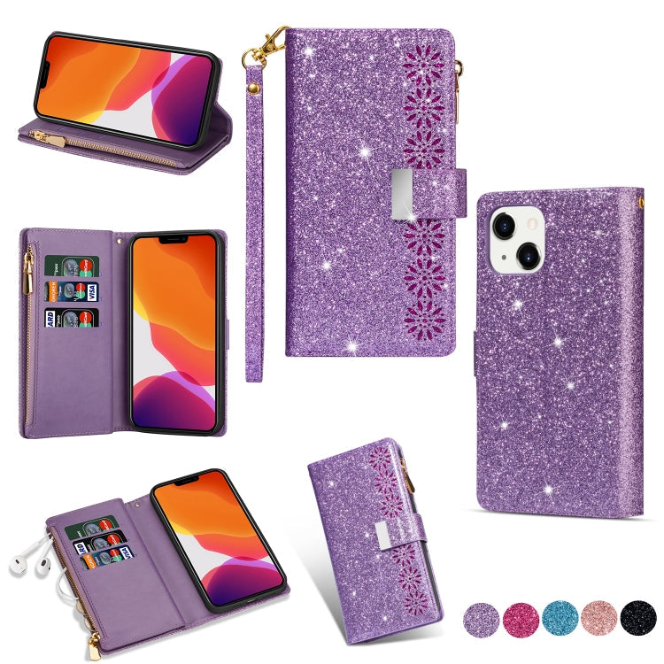 Multi-card Slots Laser Carving Glitter Zipper Leather Case, For iPhone 14, For iPhone 14 Max, For iPhone 14 Pro, For iPhone 14 Pro Max