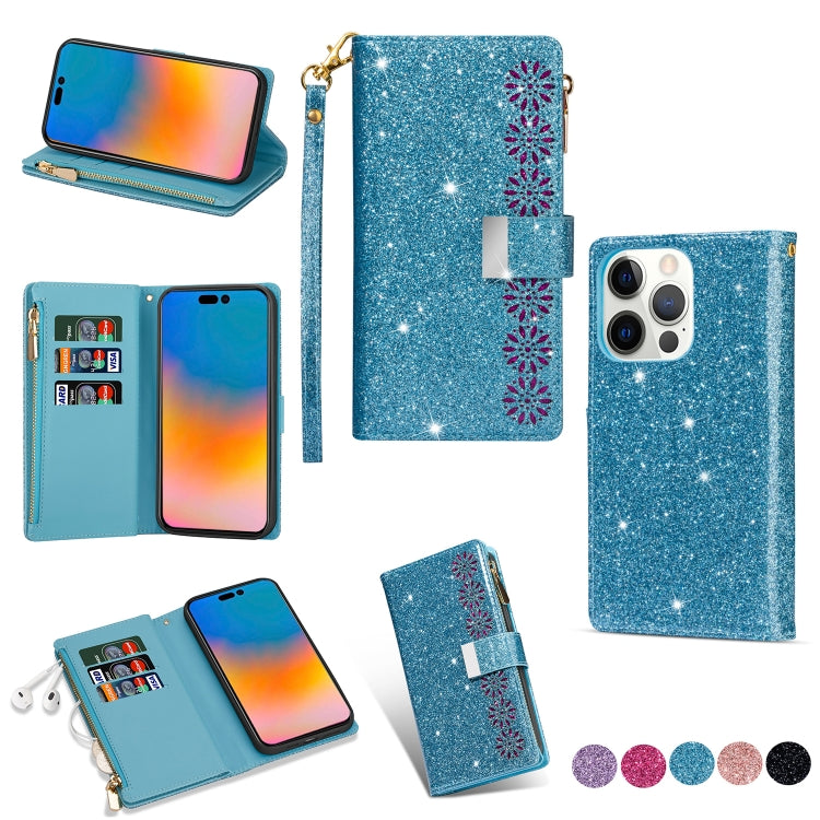 Multi-card Slots Laser Carving Glitter Zipper Leather Case, For iPhone 14, For iPhone 14 Max, For iPhone 14 Pro, For iPhone 14 Pro Max