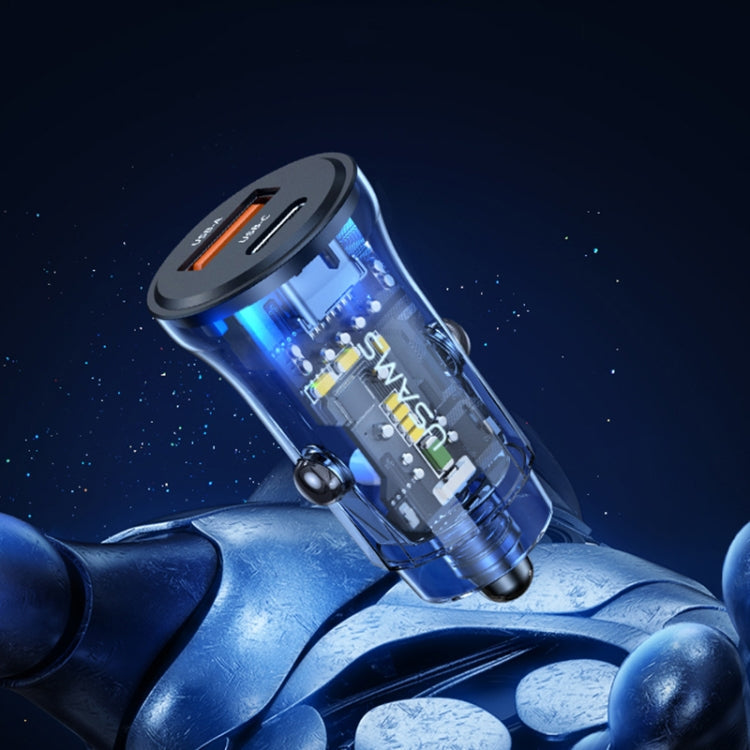 USAMS US-CC164 C32 30W Transparent Dual Port Mini Car Charger(Blue)
