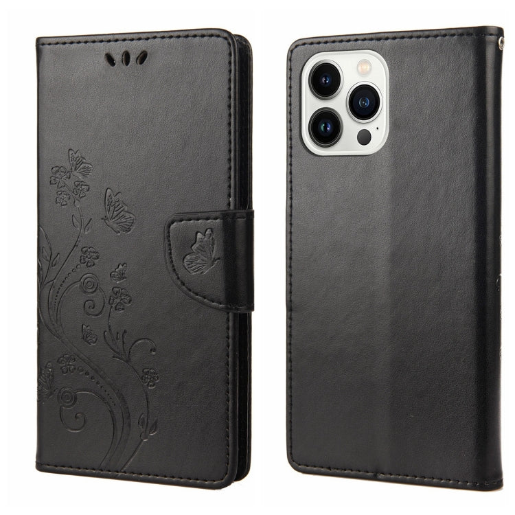 Butterfly Flower Pattern Flip Leather Phone Case, For iPhone 14 Pro Max