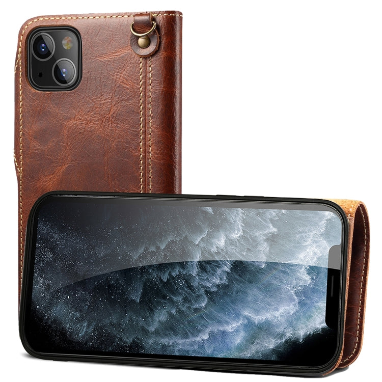 Denior Oil Wax Cowhide Magnetic Button Genuine Leather Case, For iPhone 14 Pro Max, For iPhone 14 Pro, For iPhone 14, For iPhone 14 Plus, For iPhone 13 Pro Max, For iPhone 13 Pro