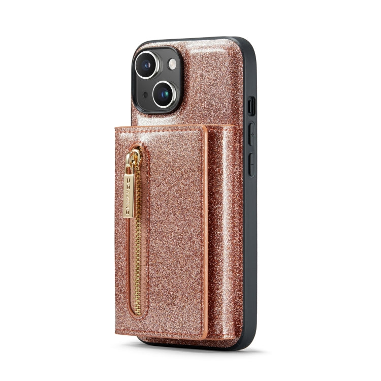 For iPhone 14 Plus DG.MING M3 Series Glitter Powder Card Bag Leather Case(Rose Gold)