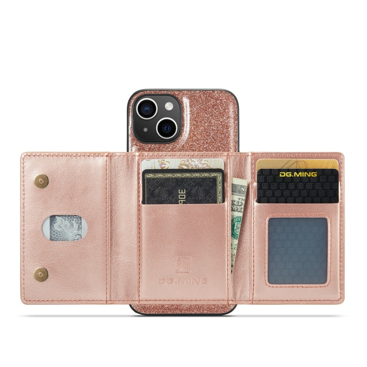 For iPhone 14 Plus DG.MING M3 Series Glitter Powder Card Bag Leather Case(Rose Gold)
