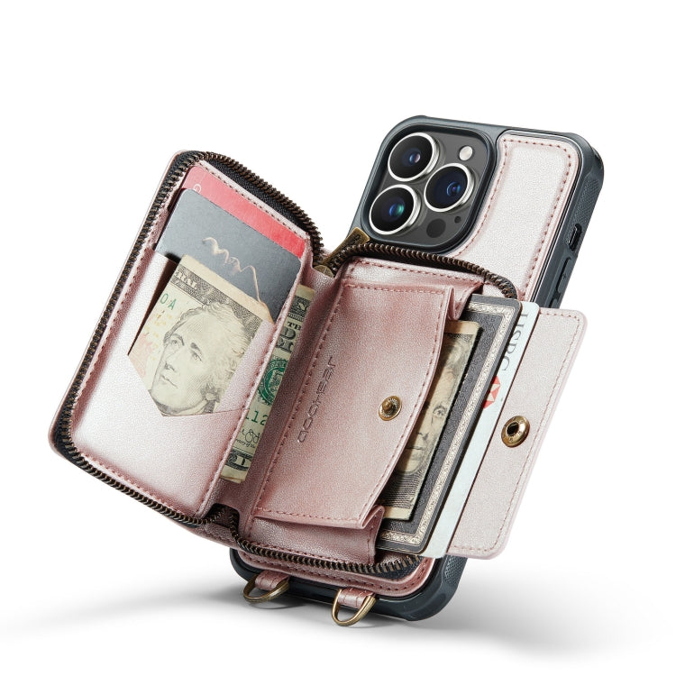 For iPhone 14 Pro JEEHOOD C22 Series Zipper Wallet Phone Case with Long and Short Lanyard(Rose Gold)