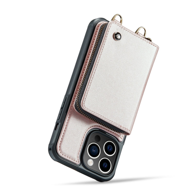 For iPhone 14 Pro JEEHOOD C22 Series Zipper Wallet Phone Case with Long and Short Lanyard(Rose Gold)