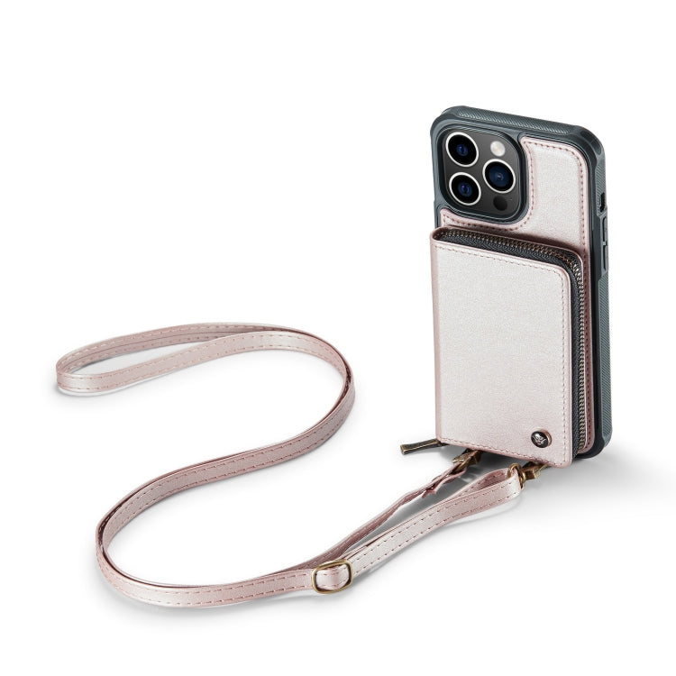 For iPhone 14 Pro JEEHOOD C22 Series Zipper Wallet Phone Case with Long and Short Lanyard(Rose Gold)