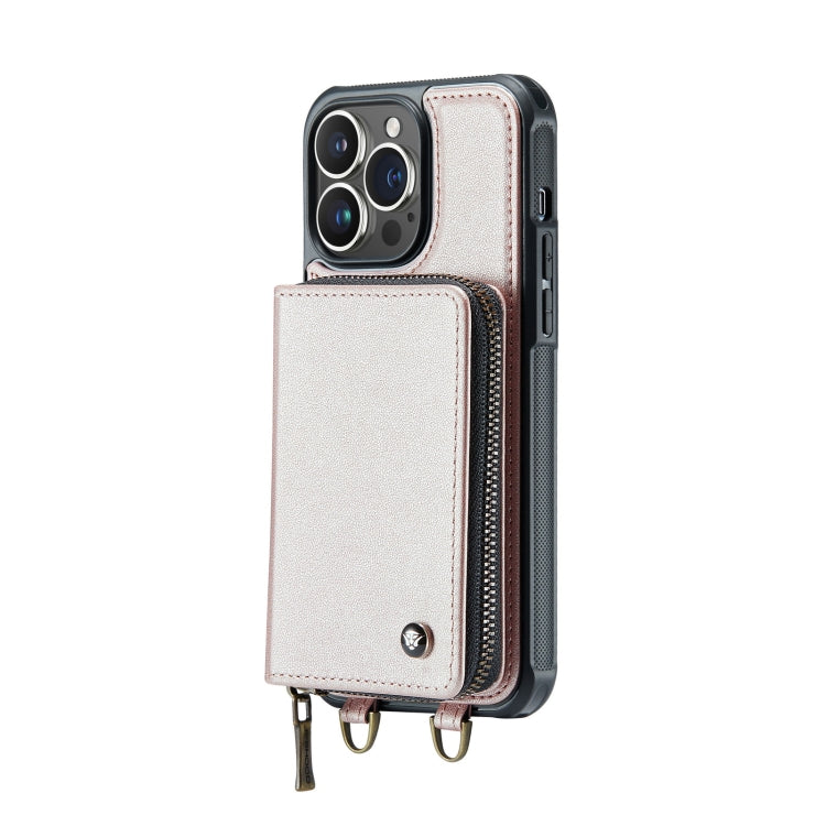 For iPhone 14 Pro Max JEEHOOD C22 Series Zipper Wallet Phone Case with Long and Short Lanyard(Rose Gold)